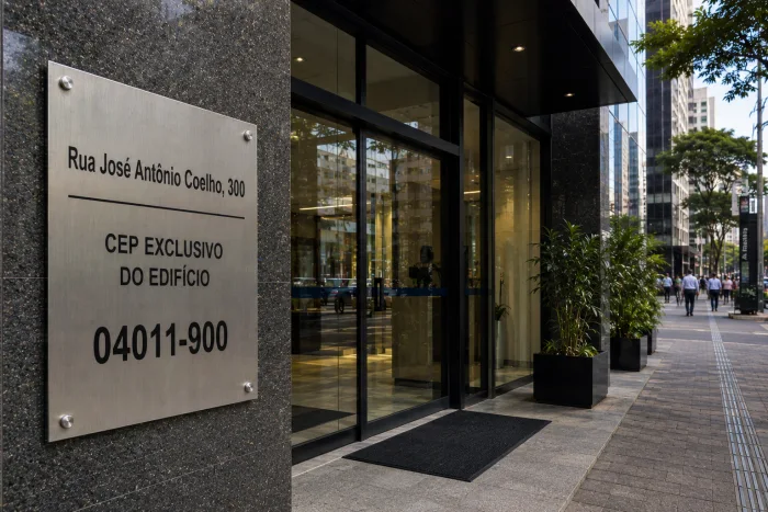 Edifício comercial moderno com destaque para uma placa de CEP exclusivo na entrada