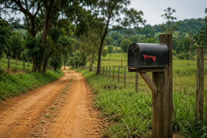 Estrada de terra em área rural com uma caixa de correio em destaque visual