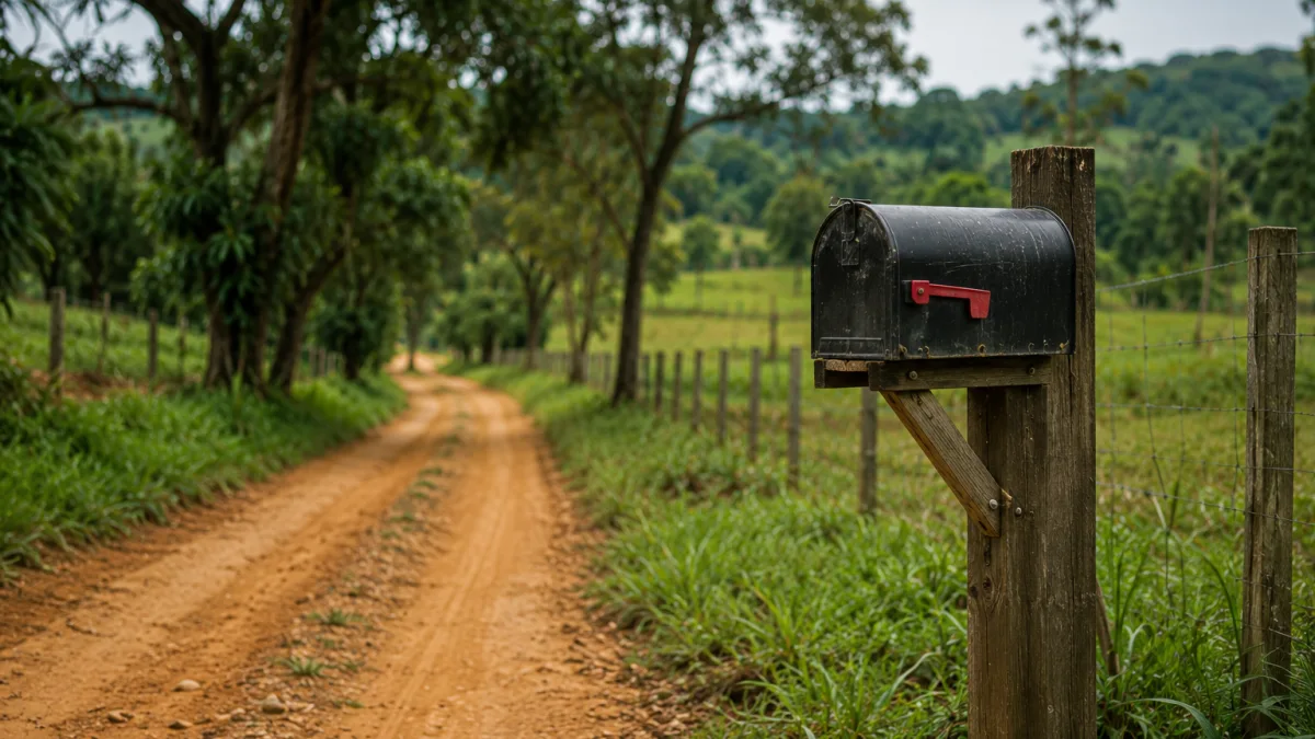 Estrada de terra em área rural com uma caixa de correio em destaque visual