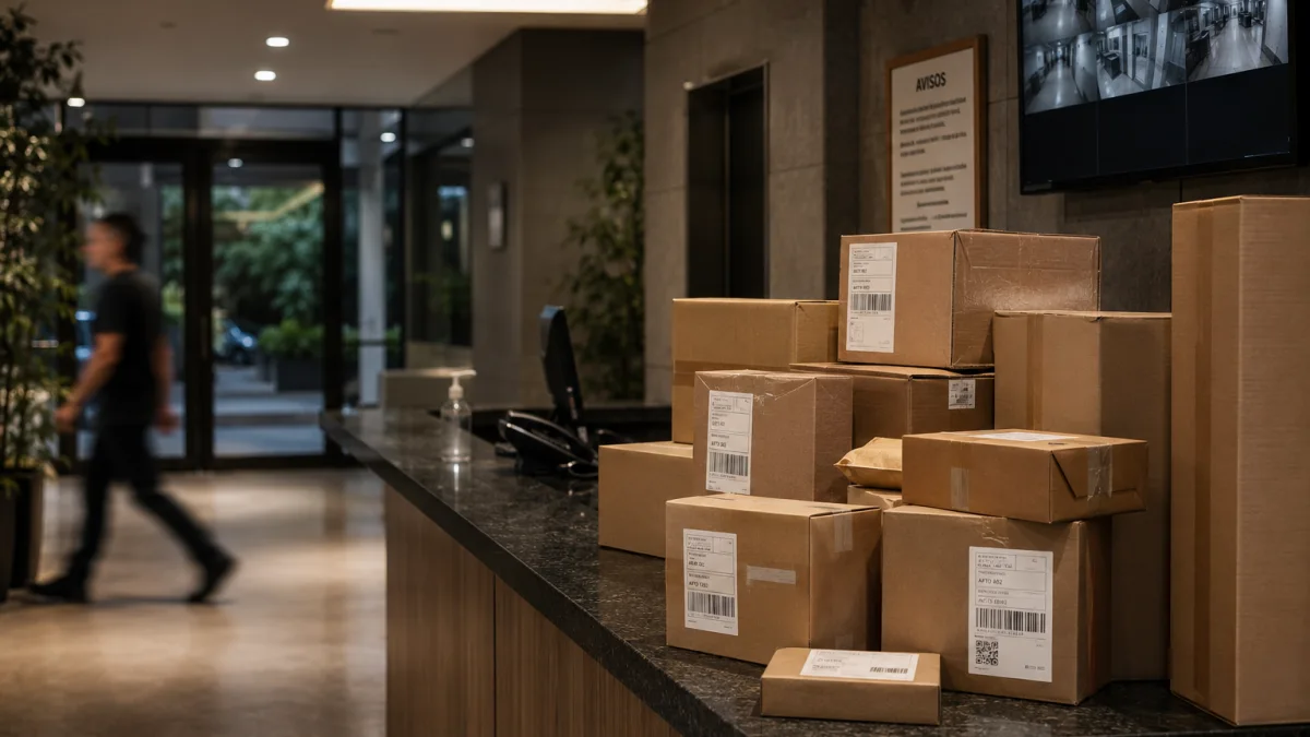 Balcão de portaria de condomínio residencial com várias caixas de encomendas empilhadas aguardando retirada pelos moradores