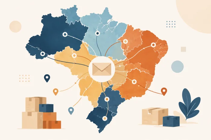 Mapa do Brasil com os estados coloridos por região postal e os primeiros dígitos do CEP indicados em cada região