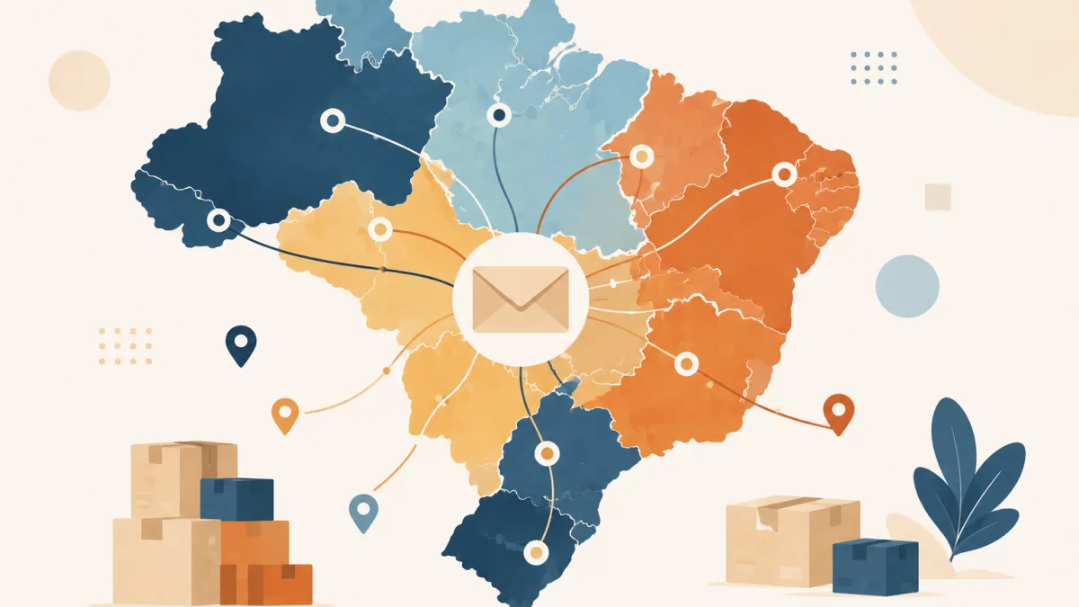 Mapa do Brasil com os estados coloridos por região postal e os primeiros dígitos do CEP indicados em cada região