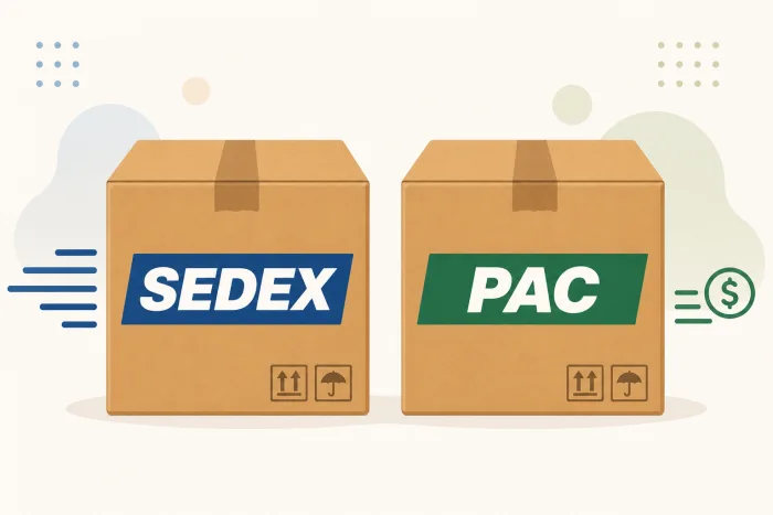 Duas caixas de encomenda lado a lado, uma com etiqueta SEDEX e outra com etiqueta PAC, sobre fundo neutro
