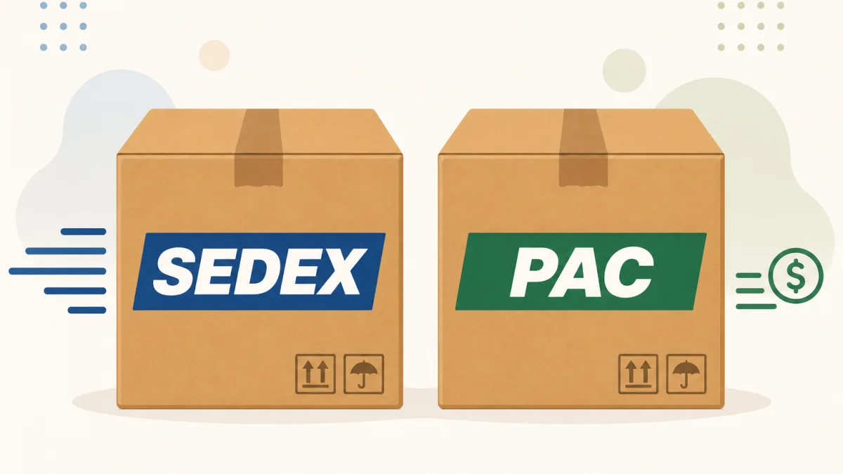 Duas caixas de encomenda lado a lado, uma com etiqueta SEDEX e outra com etiqueta PAC, sobre fundo neutro